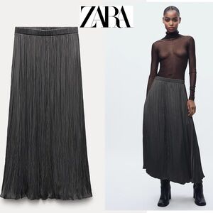 Zara dark charcoal gray wrinkle effect pleated A-line midi maxi skirt Sz XS-S
